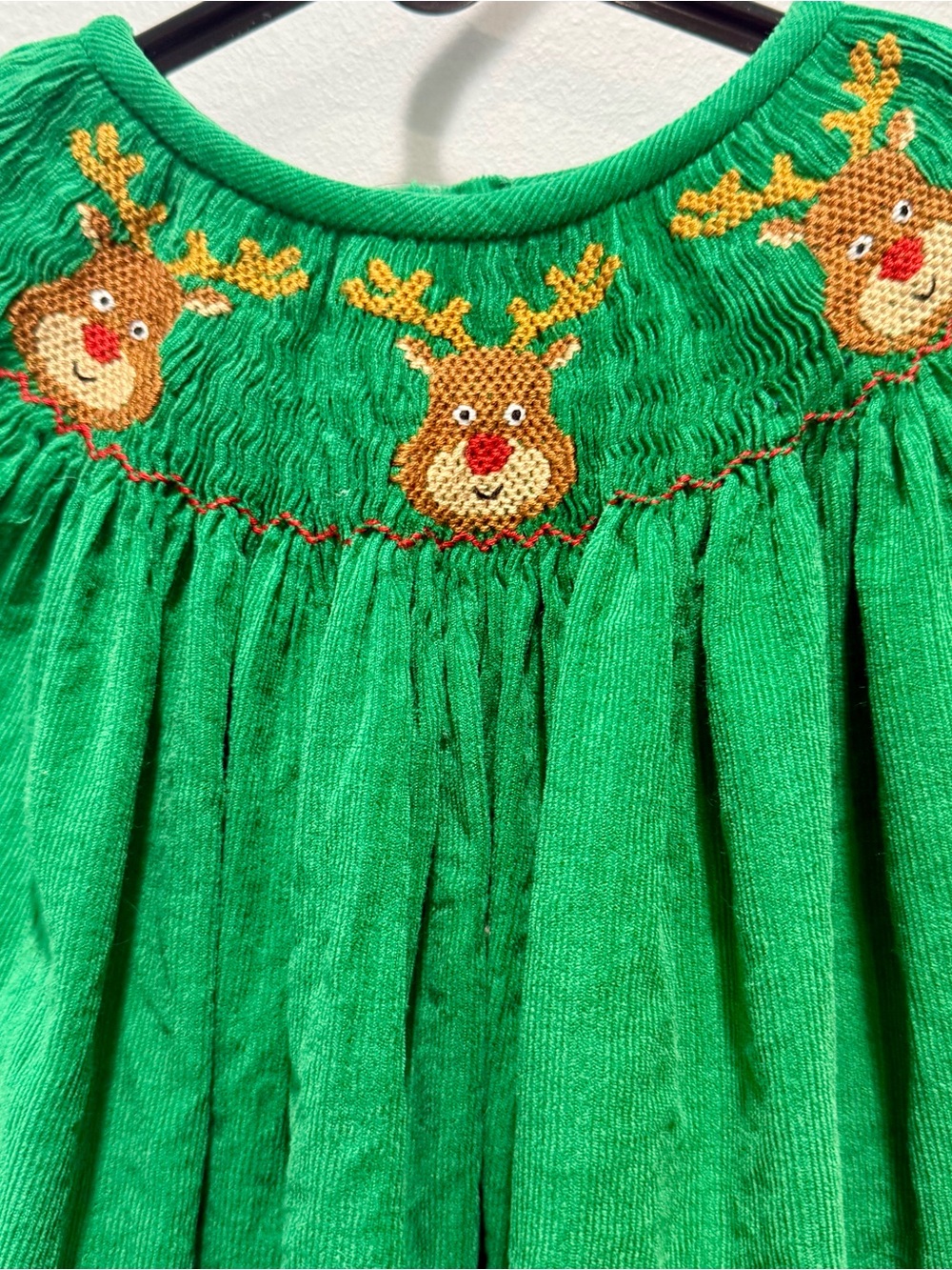 Southern Smocked Co Christmas Reindeer Dress 18M Green Corduroy